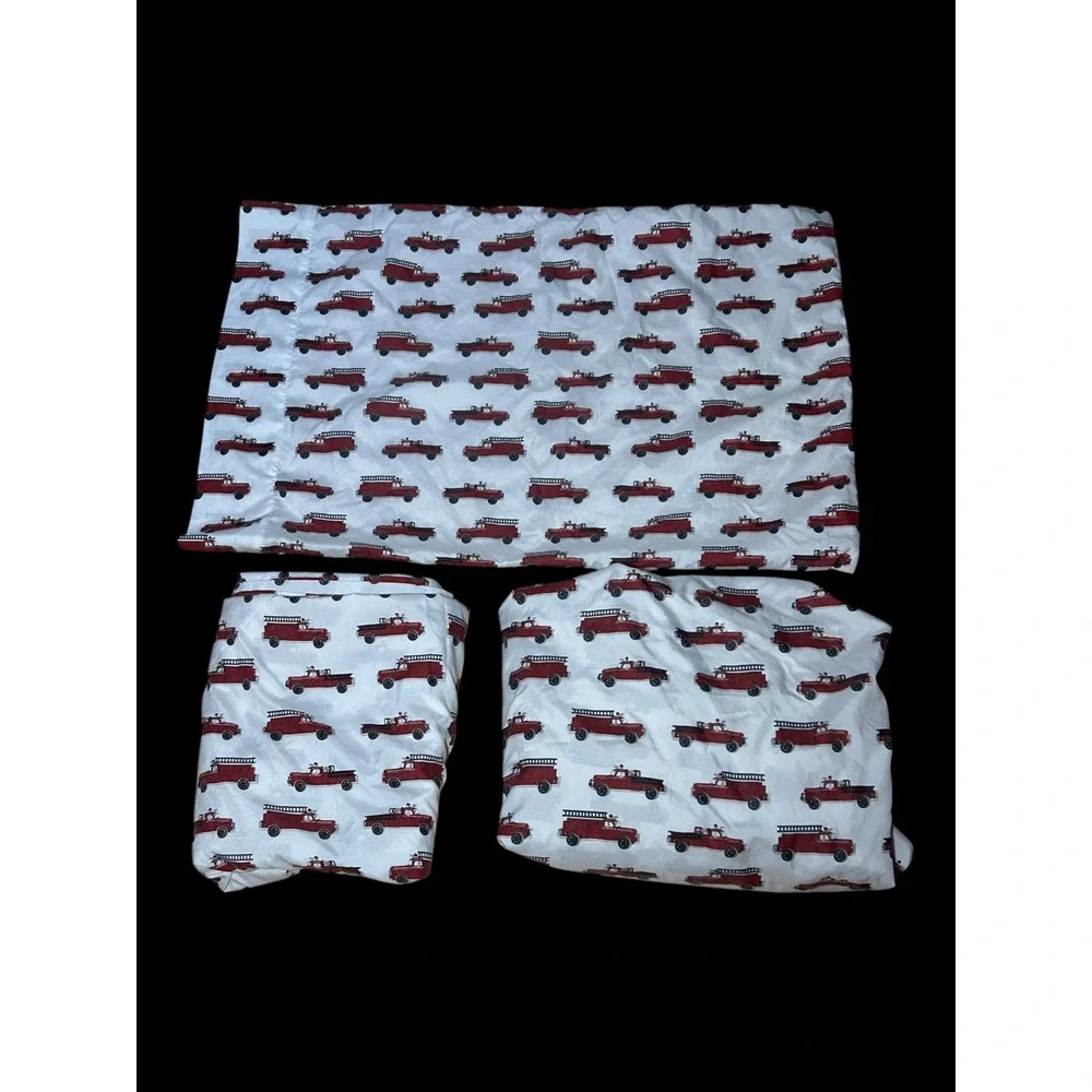 Pottery Barn Kids Fire Truck Cotton Sheet Set Full Red White 3 Piece Bedding